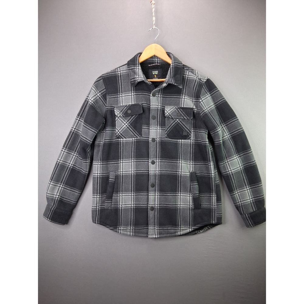 Voyager Fleece Shirt Jacket Sherpa Lined Plaid Small Grey Black Snap Front